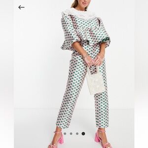 Glamorous high waisted straight leg pants in pink, green heart jacquard size 4